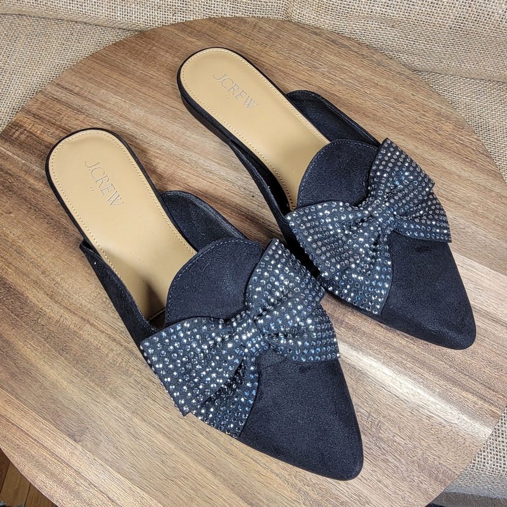 J Crew Bow Mule Flats Rhinestone Pointed Toe Black Women's 8 Slip On Dress Shoes